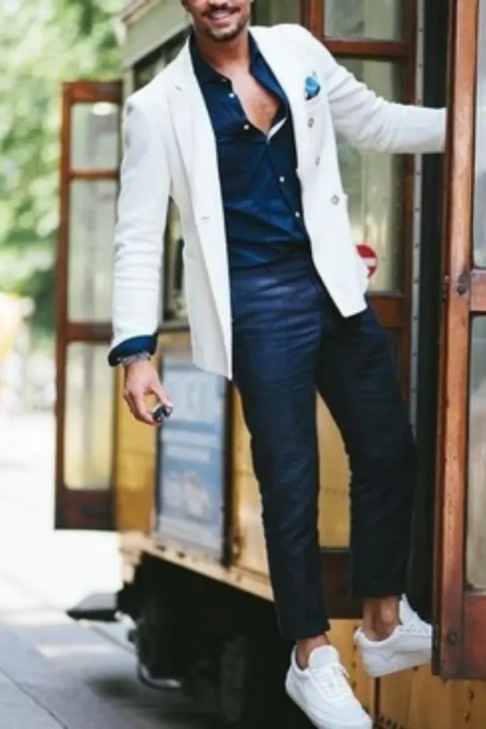 White Blazer + Navy Blue Dress Shirt + Navy Blue Trousers + White Sneakers