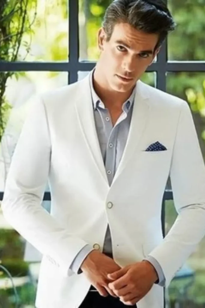 White Blazer + Light Blue Dress Shirt + Black Trousers + Pocket Square