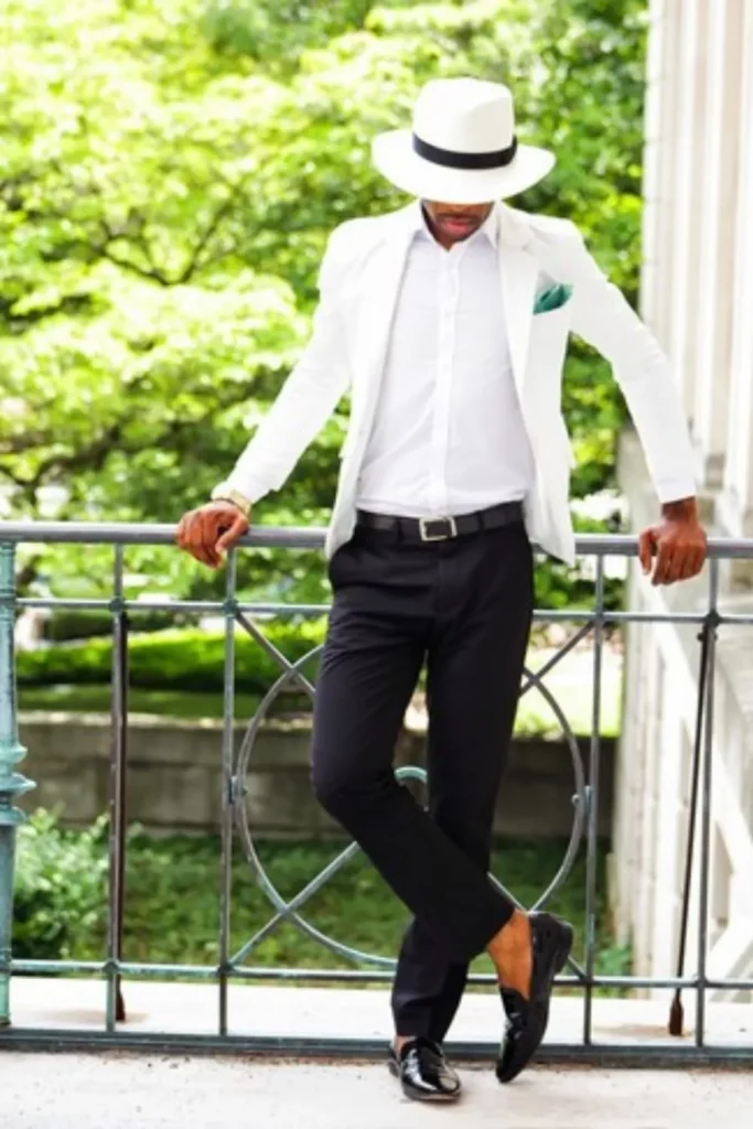 White Blazer + White Dress Shirt + Black Trousers + Black Belt + Fedora Hat + Black Loafers + Pocket Square