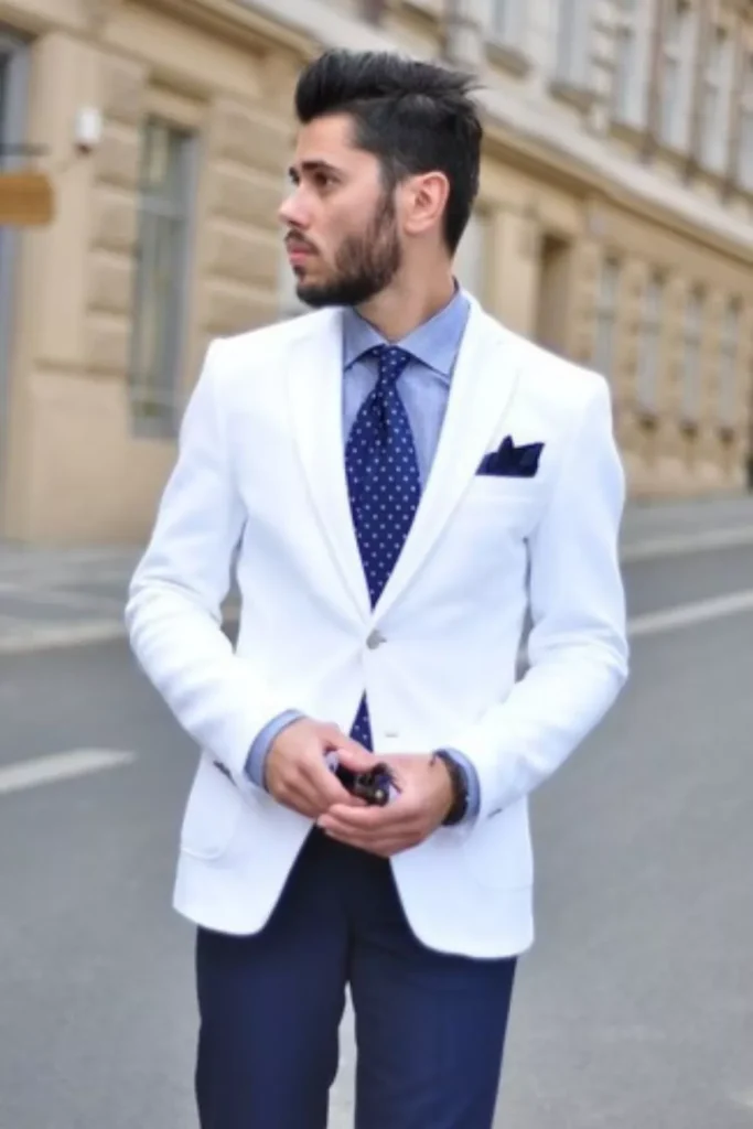 White Blazer + Light Blue Dress Shirt + Polka Dot Tie + Dark Blue Trousers + Pocket Square