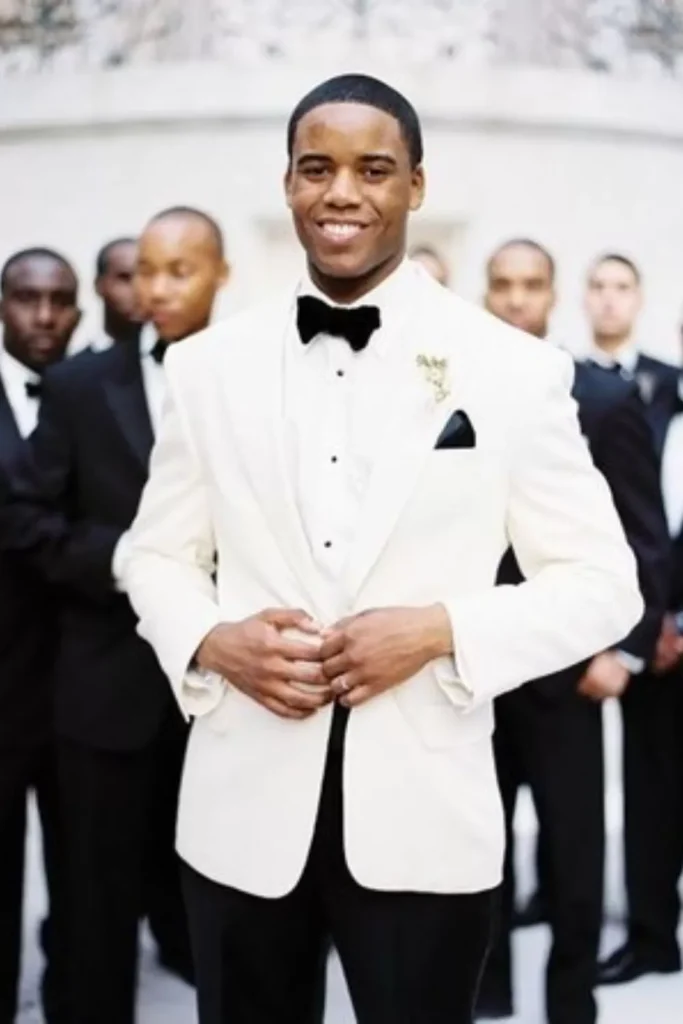 White Tuxedo Jacket + White Tuxedo Shirt + Black Bow Tie + Black Trousers + Pocket Square