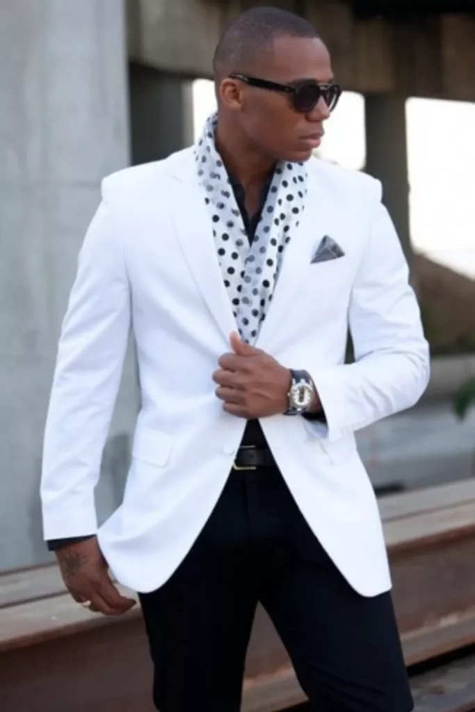 Black Dress Shirt + White Blazer + Black Trousers + Polka Dot Scarf