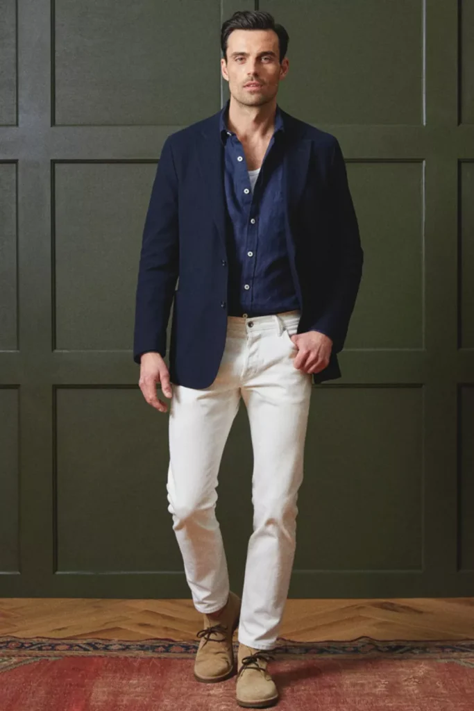 Navy Blue Button-down Shirt + Navy Blue Blazer + White Jeans + Beige Suede Chukka Boots