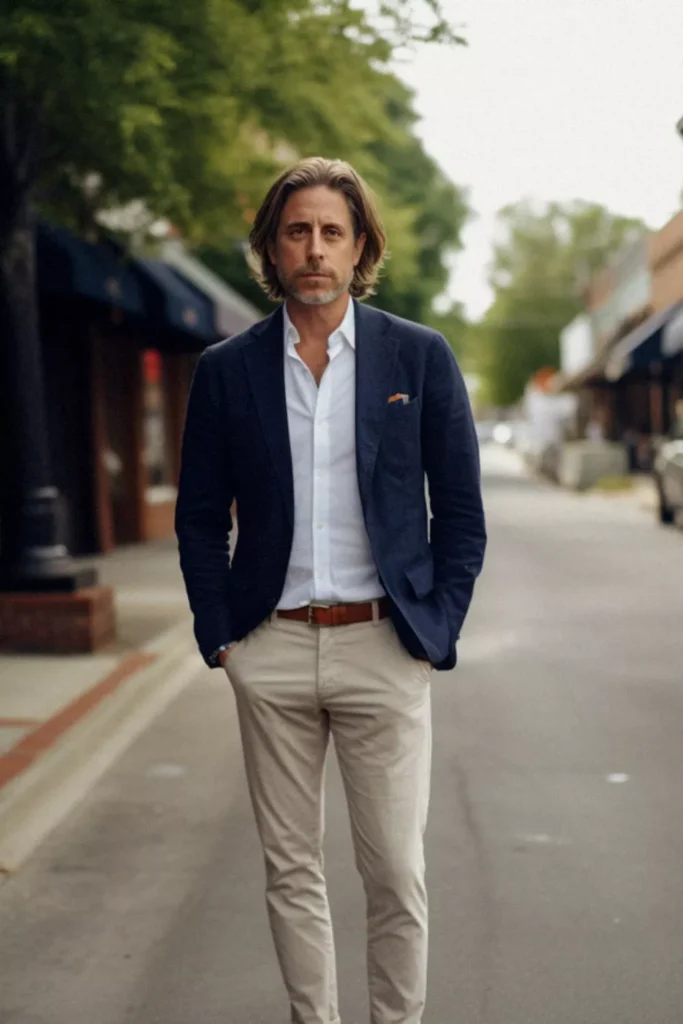 White Dress Shirt + Navy Blue Blazer + Beige Chinos + Brown Leather Belt