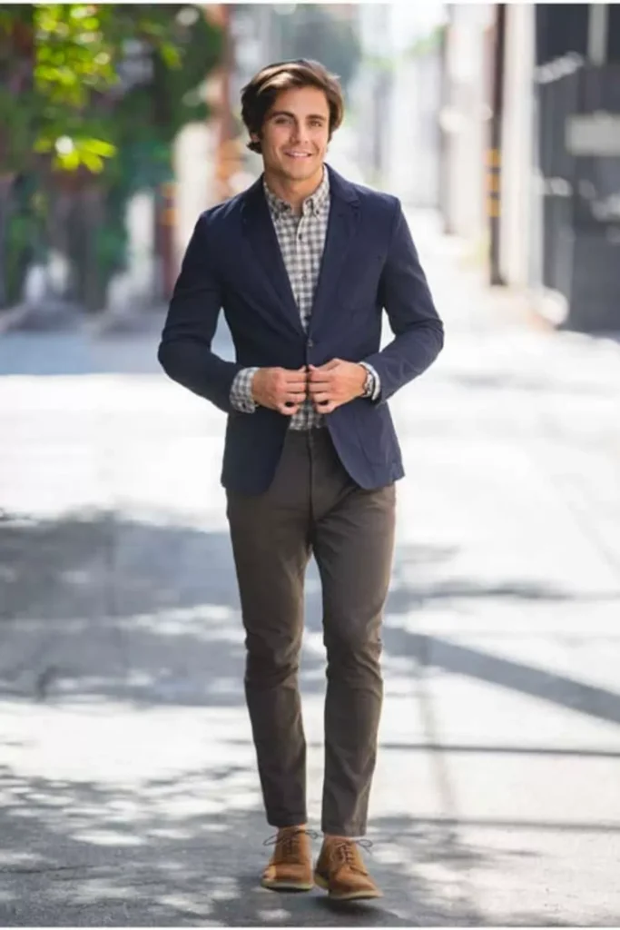 Navy Blue Blazer + Checked Button-down Shirt + Brown Chinos + Brown Suede Shoes