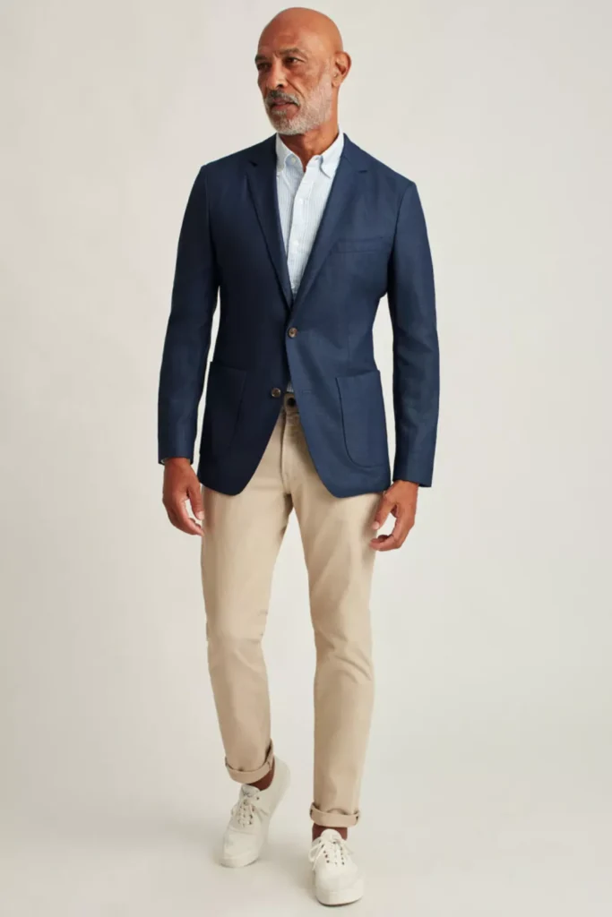 Navy Blue Blazer + Light Blue Striped Shirt + Khaki Chinos + White Sneakers