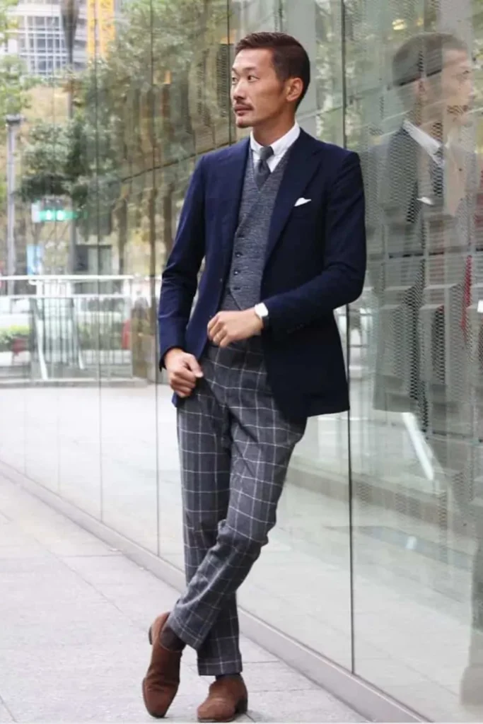 Navy Blue Blazer + Grey Vest + White Dress Shirt + Grey Tie + Grey Plaid Trousers + Brown Leather Shoes