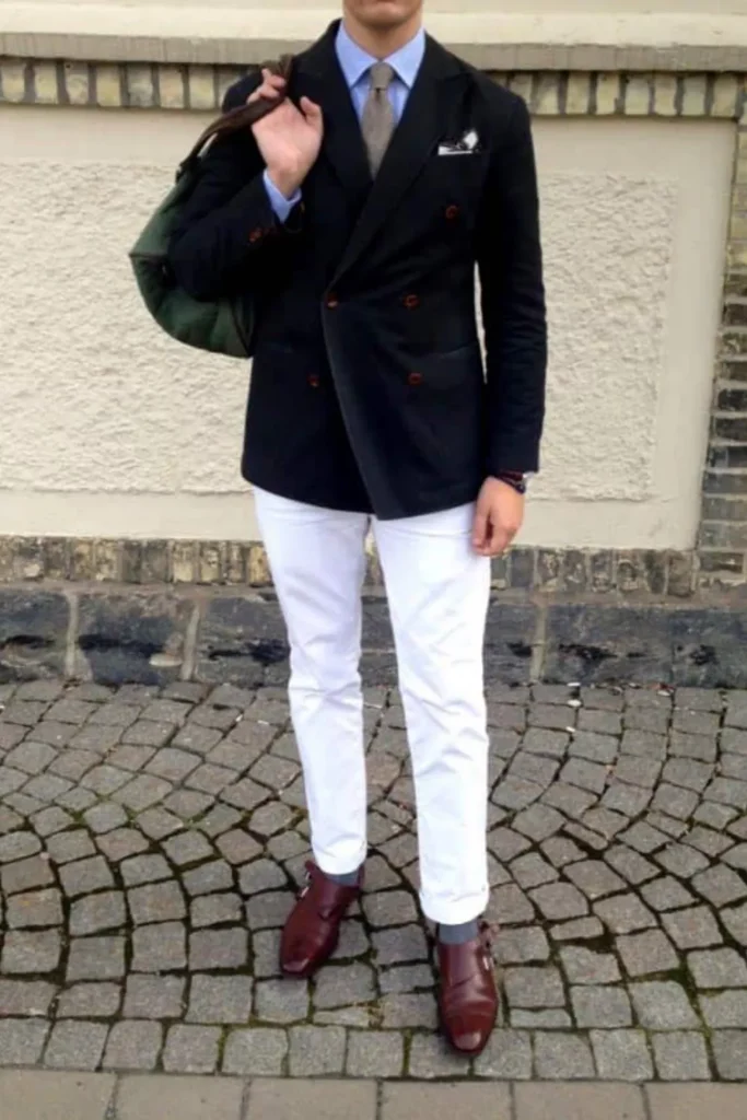 Navy Blue Double-breasted Blazer + Light Blue Dress Shirt + Brown Tie + White Pocket Square + White Trousers + Dark Red Leather Shoes
