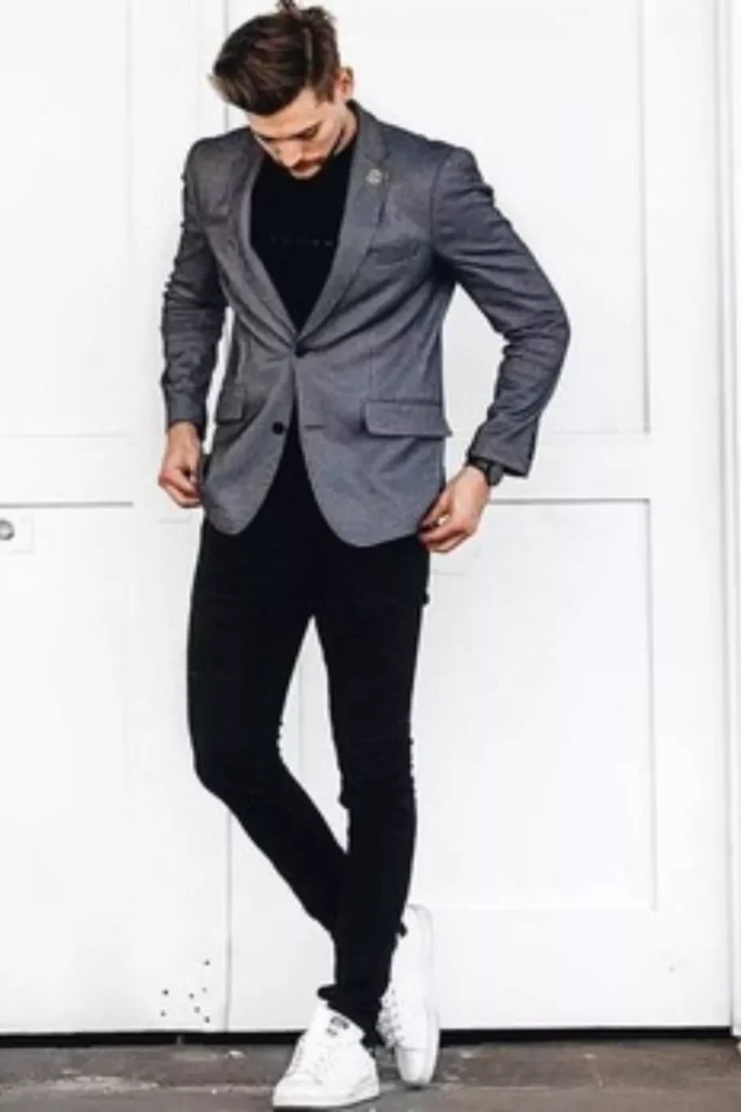 Grey Blazer + Black T-shirt + Black Jeans + White Sneakers