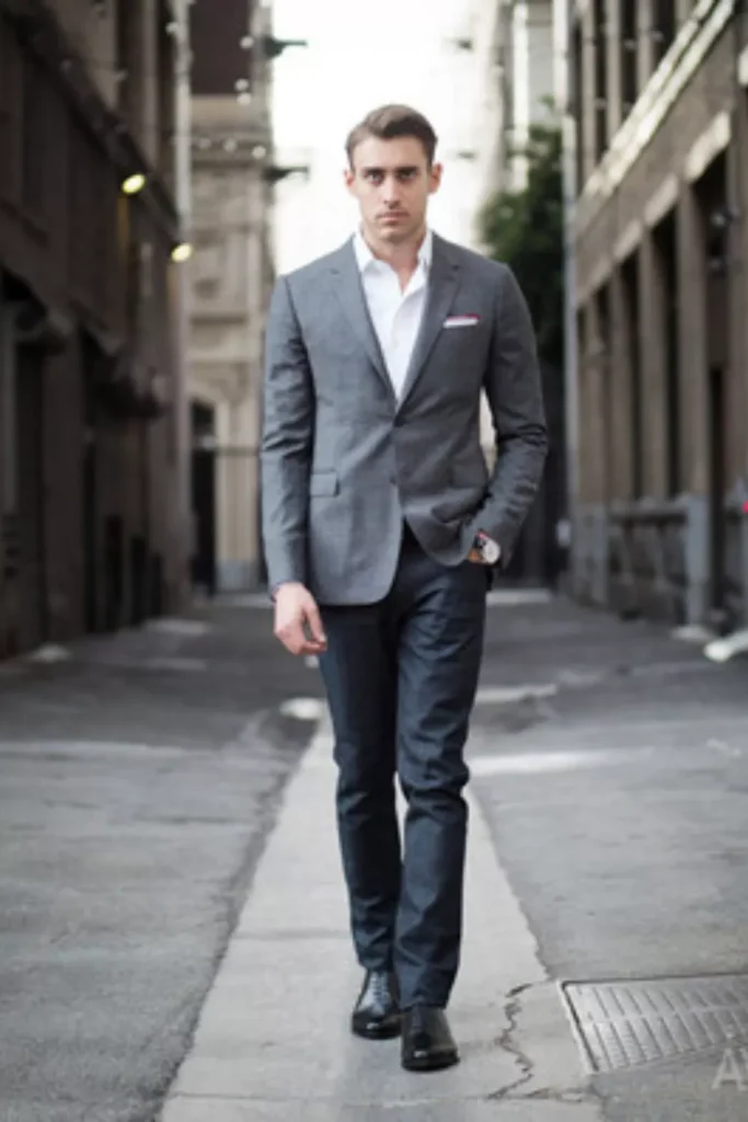 Grey Blazer + White Dress Shirt + Dark Grey Trousers + Black Dress Shoes + Watch