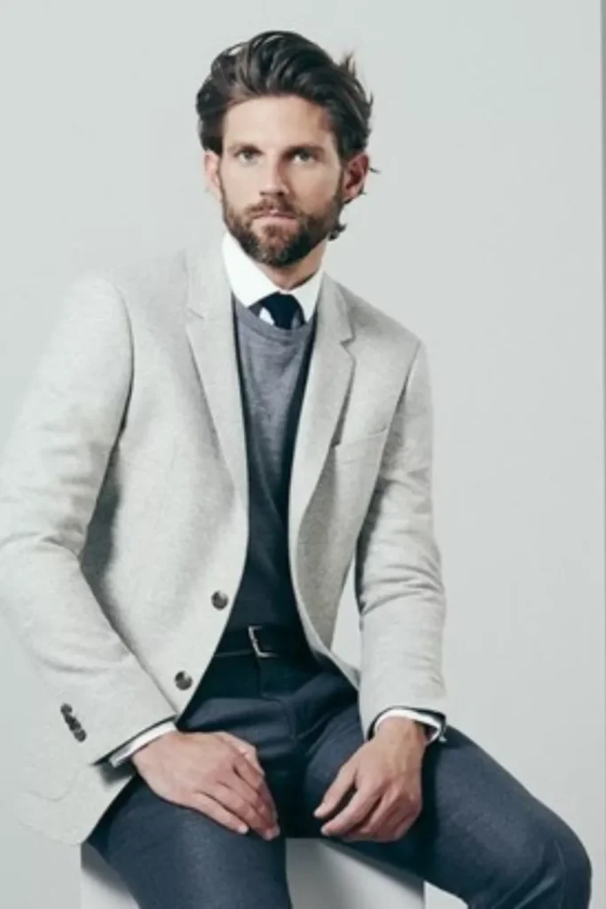 Light Grey Blazer + Grey Sweater + White Dress Shirt + Black Tie + Dark Grey Trousers + Black Belt