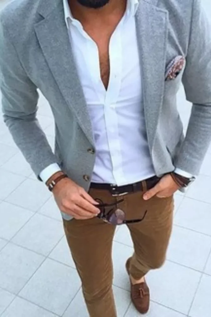 Gray Blazer + White Dress Shirt + Brown Chinos + Brown Leather Belt + Brown Leather Loafers