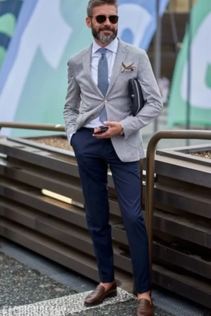Gray Blazer + Light Blue Dress Shirt + Blue Tie + Dark Blue Pants + Brown Leather Loafers
