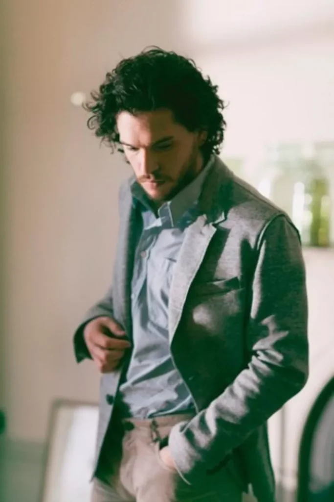 Gray Blazer + Light Blue Button-Down Shirt + Beige Pants