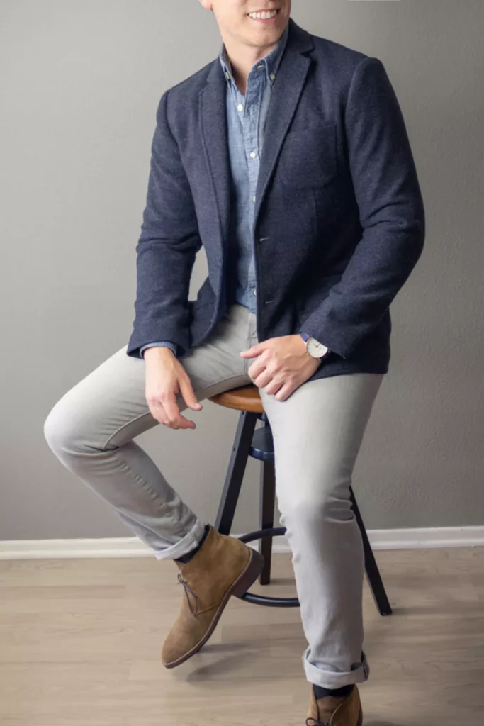 Navy Blazer + Blue Chambray Shirt + Light Grey Jeans + Brown Suede Boots + Watch