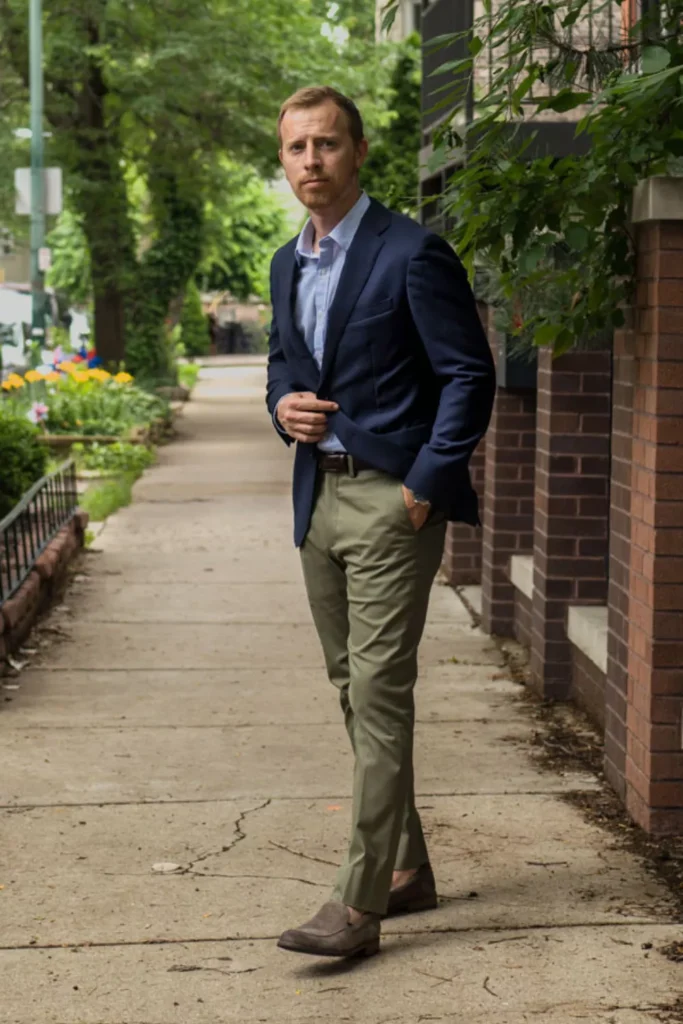 Navy Blazer + Light Blue Button-Down Shirt + Olive Green Chinos + Brown Suede Loafers