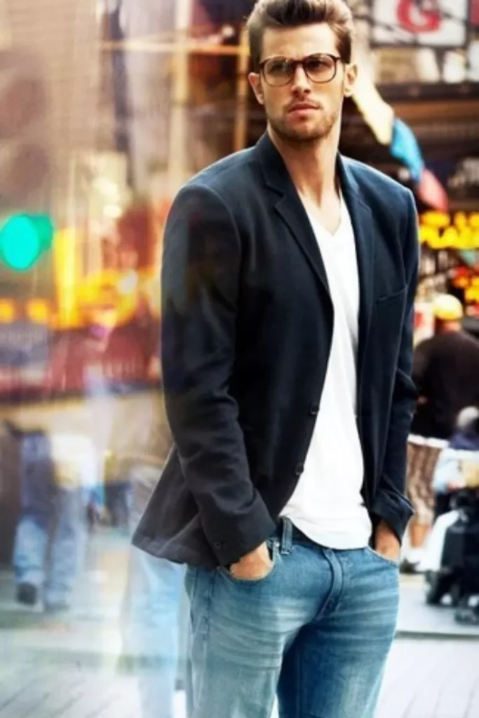 Navy Blazer + White T-Shirt + Blue Jeans + Eyeglasses