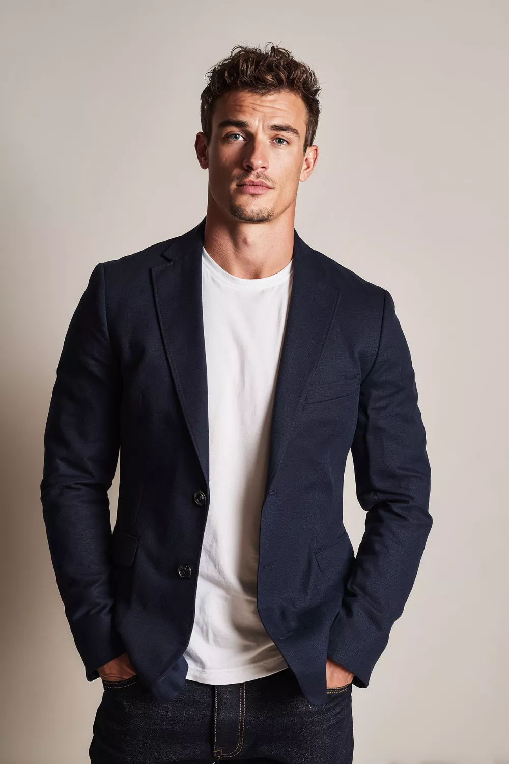 navy blue with white shirt
